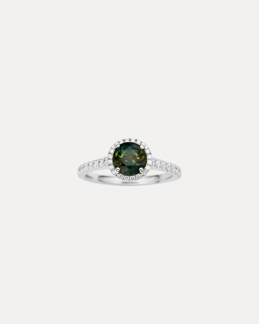 18CT WHITE GOLD AUSTRALIAN GREEN SAPPHIRE & DIAMOND PICCADILLY RING