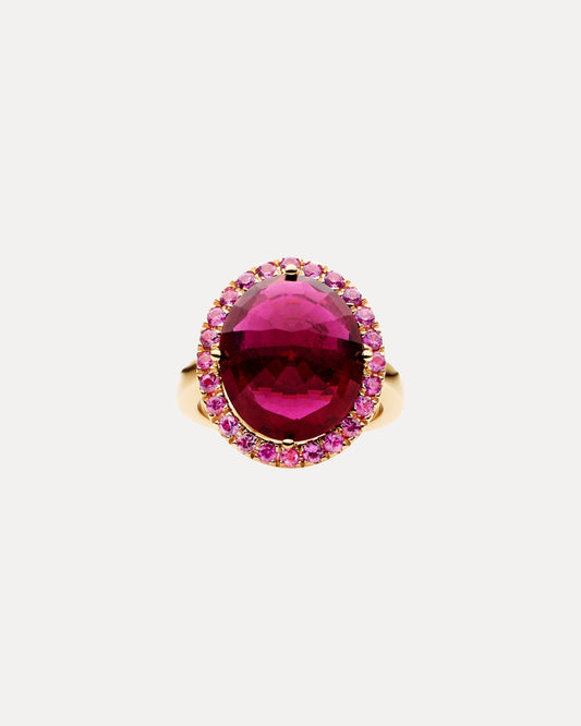 BESPOKE 18CT OVAL PINK TOURMALINE & ROUND SAPPHIRE HALO RING