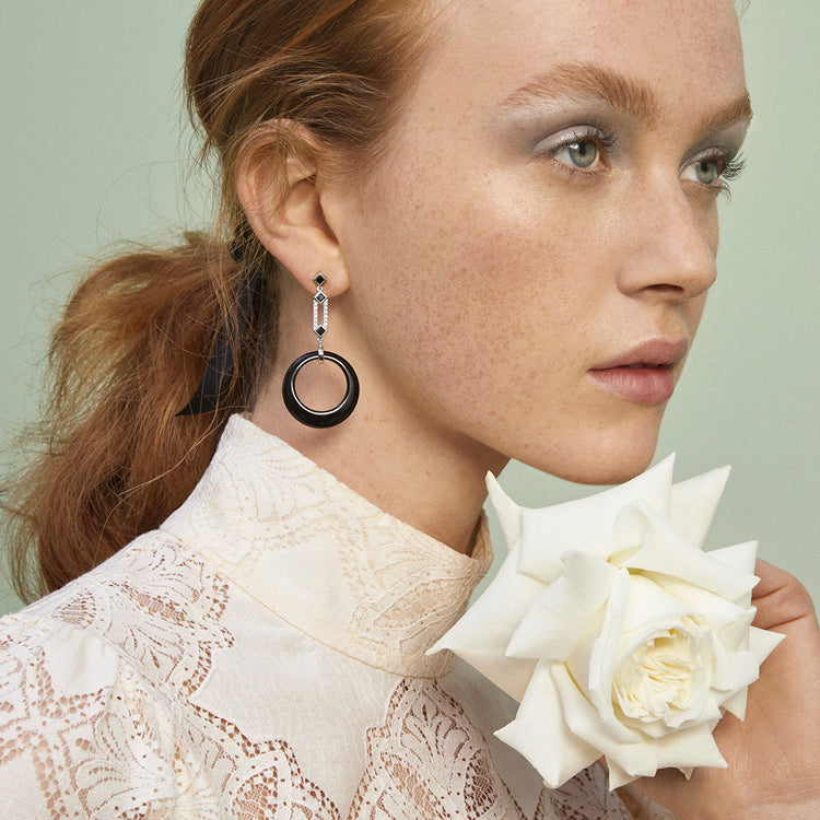 18CT ONYX, DIAMOND & BLACK SAPPHIRE ELIZABETH EARRINGS
