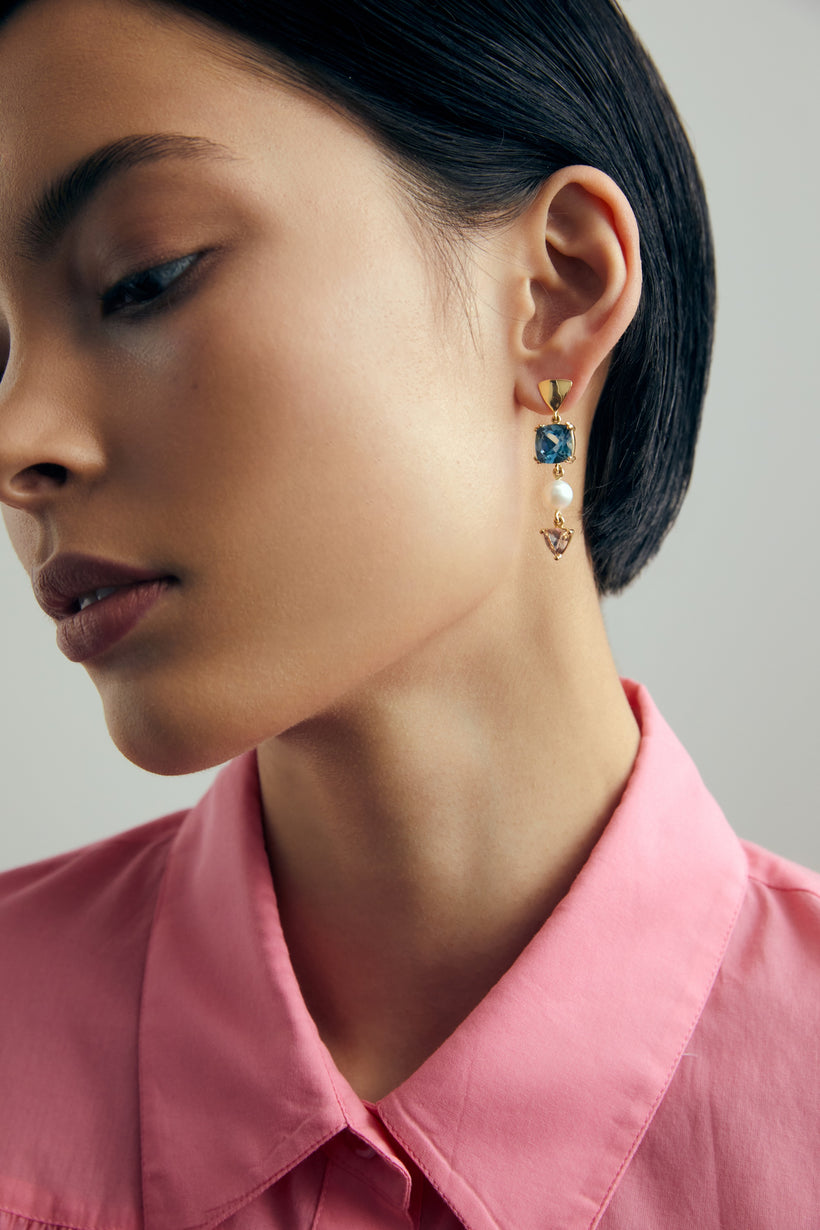 9CT LONDON BLUE TOPAZ, PINK MORGANITE & PEARL DUNAWAY DROP EARRINGS