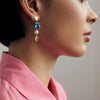9CT LONDON BLUE TOPAZ, PINK MORGANITE & PEARL DUNAWAY DROP EARRINGS