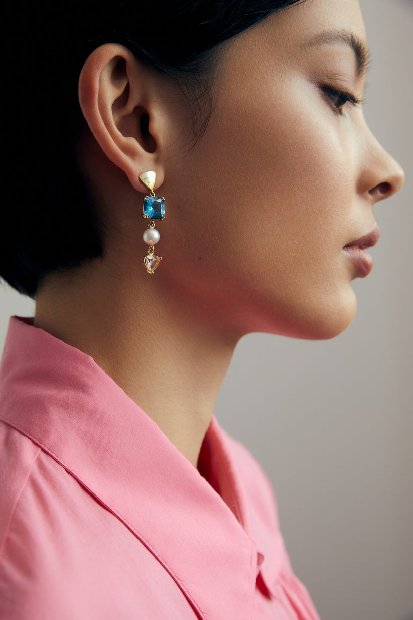 9CT LONDON BLUE TOPAZ, PINK MORGANITE & PEARL DUNAWAY DROP EARRINGS