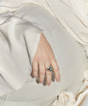 18CT LONDON BLUE TOPAZ, PINK MORGANITE, GREEN AMETHYST, BLUE TOPAZ & AQUAMARINE CLAUDE RING
