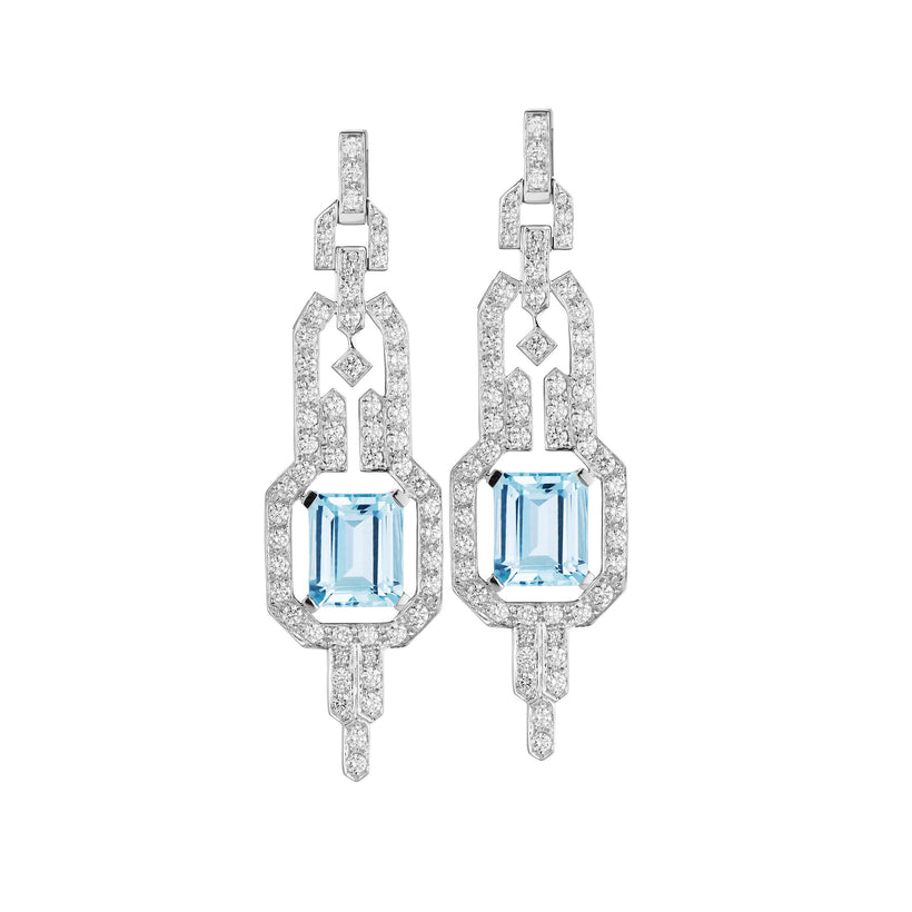 18CT AQUAMARINE AND DIAMOND EMPIRE EARRINGS