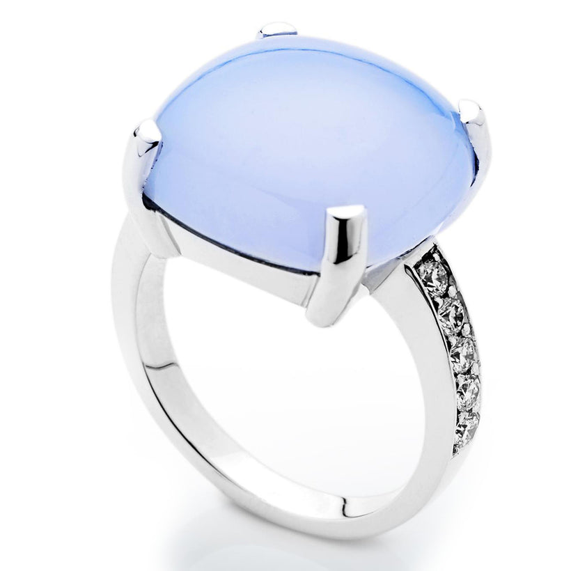 18CT BLUE CHALCEDONY & DIAMOND JACARANDA RING
