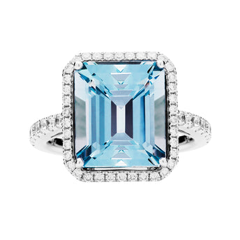 18CT AQUAMARINE & DIAMOND ROCHESTER RING