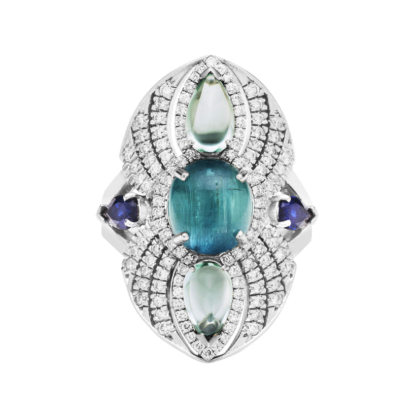 BESPOKE 18CT WHITE GOLD MADDISON CAT'S EYE BLUE TOURMALINE, SAPPHIRE & DIAMOND RING