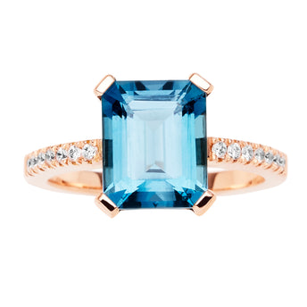 18CT ROSE GOLD LONDON BLUE TOPAZ & DIAMOND SARDINIA RING