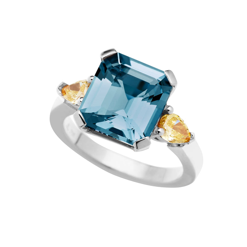 BESPOKE 18CT WHITE GOLD LONDON BLUE TOPAZ & YELLOW DIAMOND RING