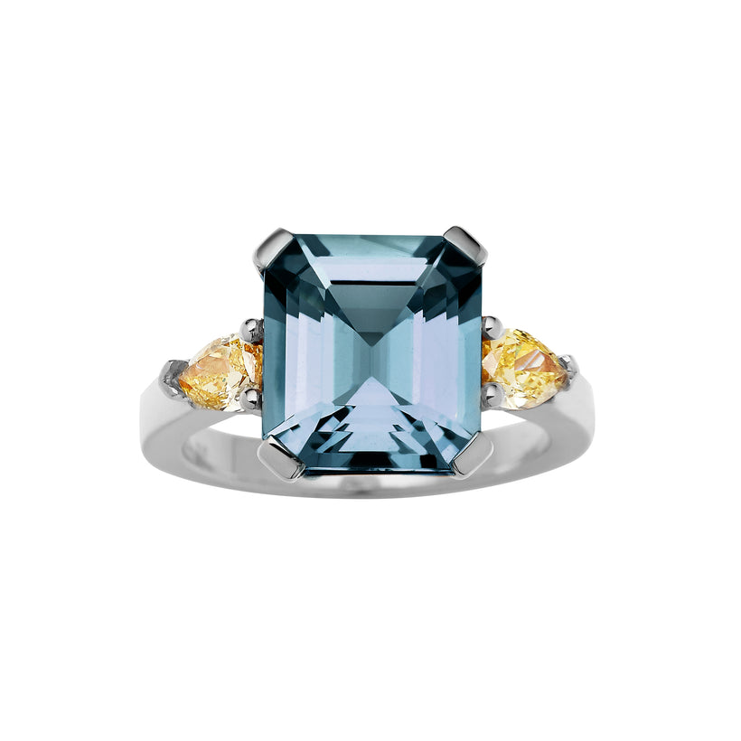 BESPOKE 18CT WHITE GOLD LONDON BLUE TOPAZ & YELLOW DIAMOND RING