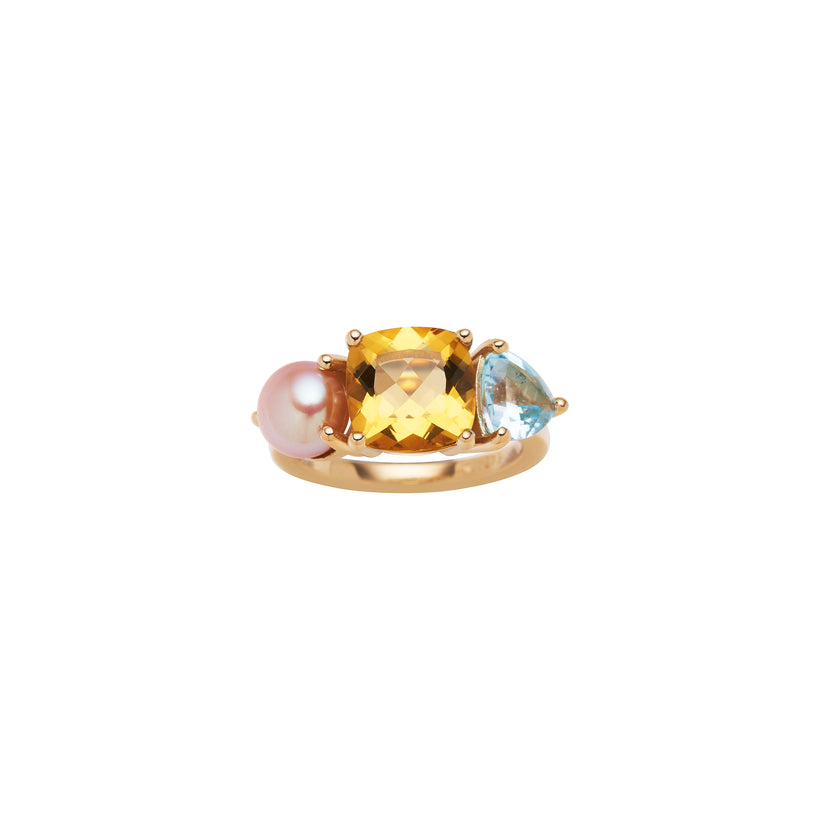 9CT HONEY QUARTZ, BLUE TOPAZ & PINK PEARL DUNAWAY RING