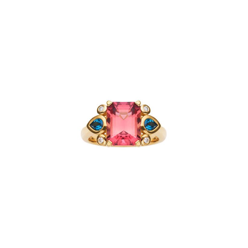 18CT PINK TOURMALINE, LONDON BLUE TOPAZ & DIAMOND BESPOKE RING