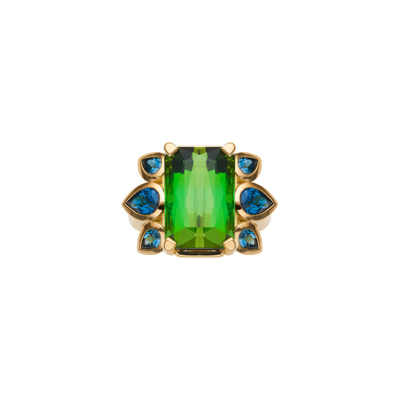 18CT GREEN TOURMALINE & LONDON BLUE TOPAZ BESPOKE RING