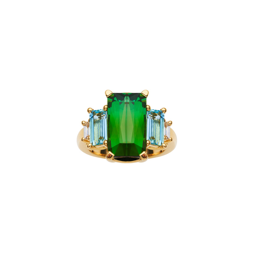18CT GREEN TOURMALINE, BAGUETTE AQUAMARINE & DIAMOND FITZALAN RING