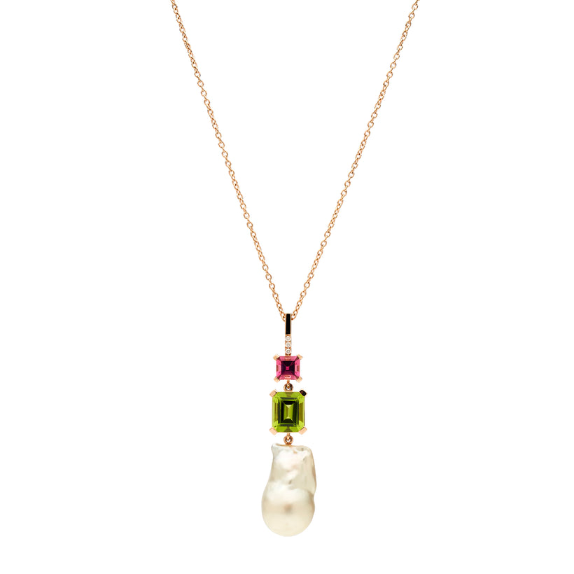 BESPOKE 18CT ROSE GOLD BAROQUE SOUTH SEA PEARL, DIAMOND, TOURMALINE & PERIDOT PENDANT