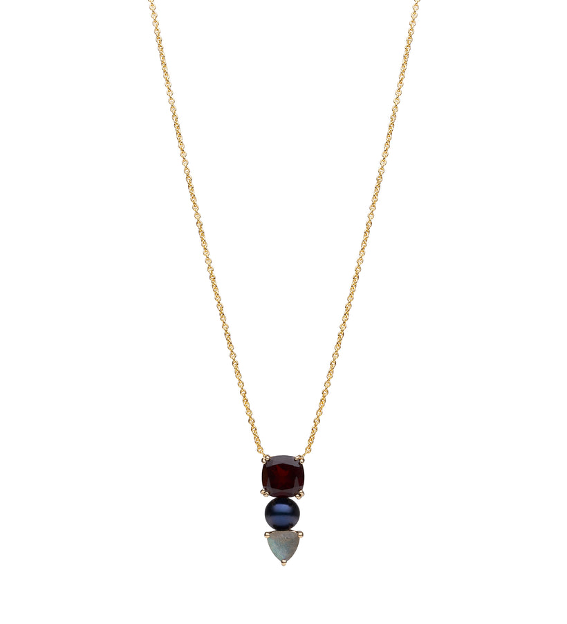 9CT GARNET, LABRADORITE & PEACOCK PEARL DUNAWAY PENDANT