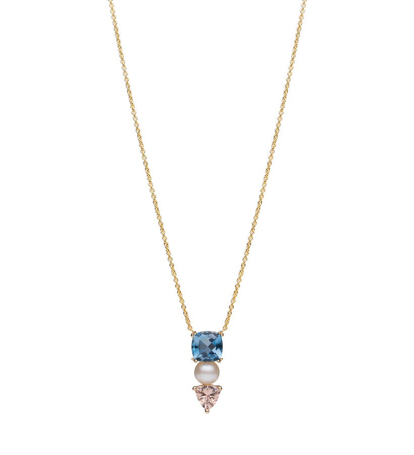 9CT LONDON BLUE TOPAZ, PINK MORGANITE & PEARL DUNAWAY PENDANT