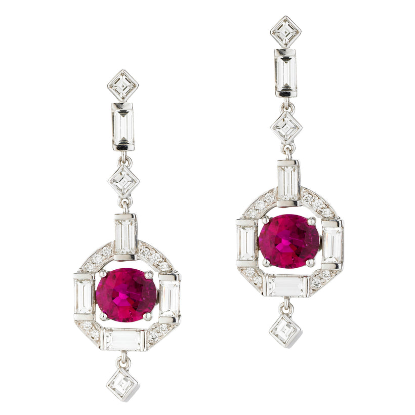 18WG RUBY, BAGUETTE, CARRE, RBC DIAMOND STUDS
