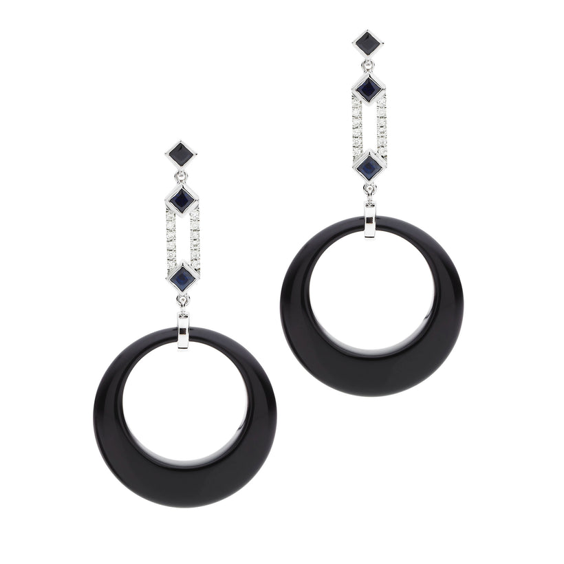 18CT ONYX, DIAMOND & BLACK SAPPHIRE ELIZABETH EARRINGS