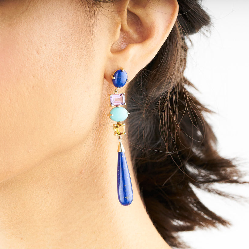 9CT AURORA LAPIS, AMETHYST, AMAZONITE & CITRINE EARRINGS