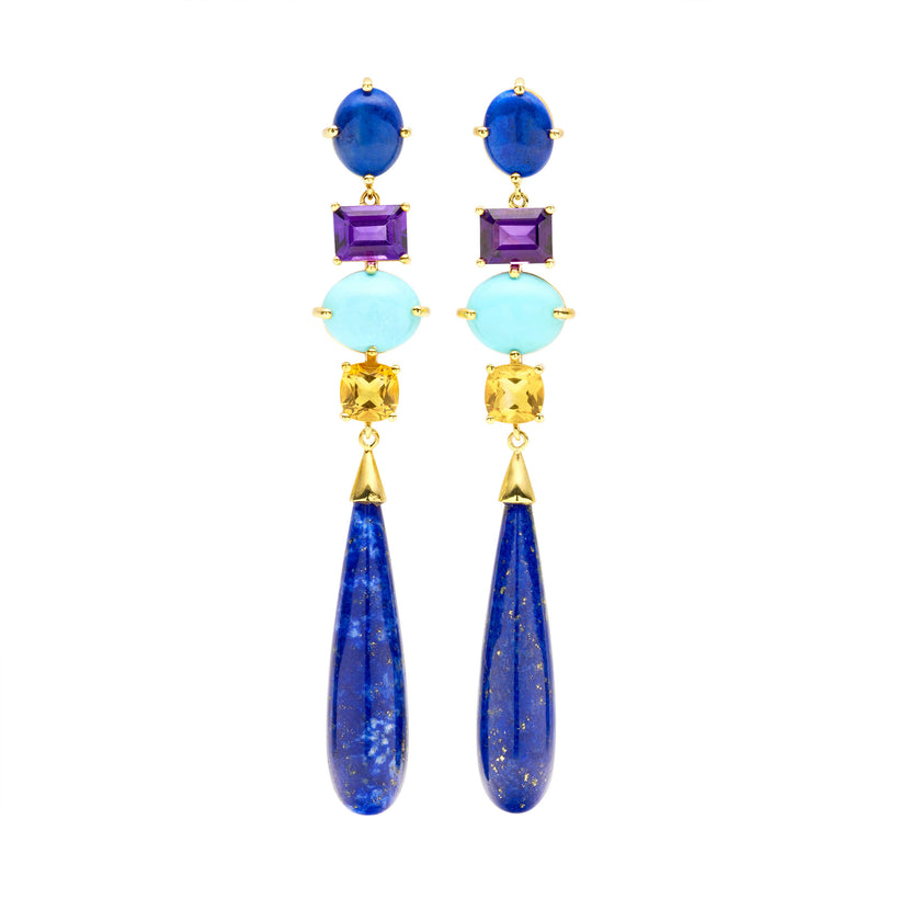 9CT AURORA LAPIS, AMETHYST, AMAZONITE & CITRINE EARRINGS