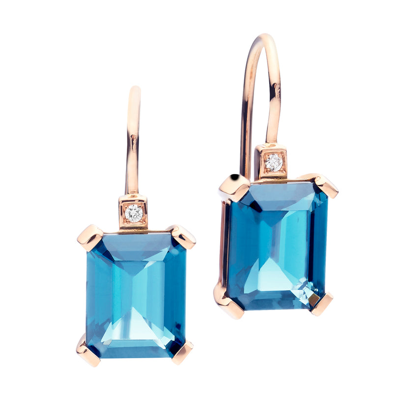 18CT ROSE GOLD LONDON BLUE TOPAZ & DIAMOND SARDINIA EARRINGS