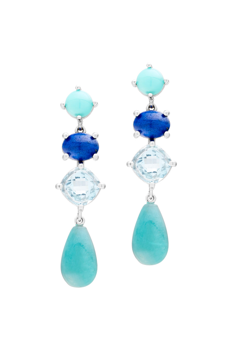 9CT AMAZONITE, BLUE TOPAZ, LAPIS & TURQUOISE ELBA EARRINGS