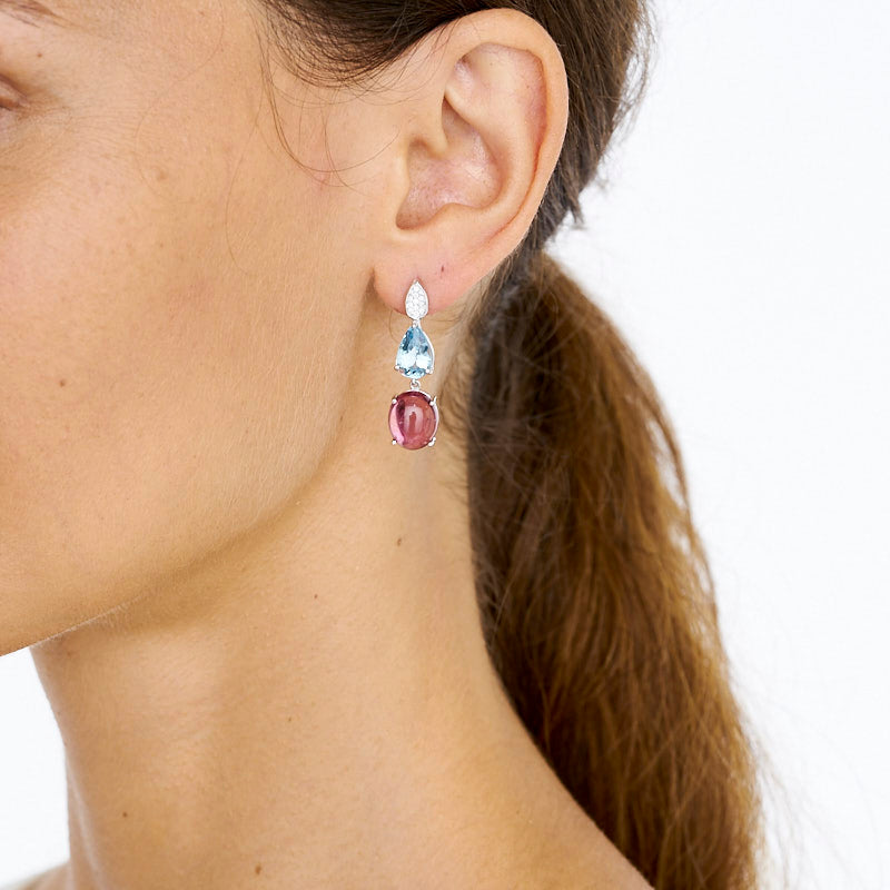 BESPOKE 18CT PINK TOURMALINE, AQUAMARINE & DIAMOND EARRINGS