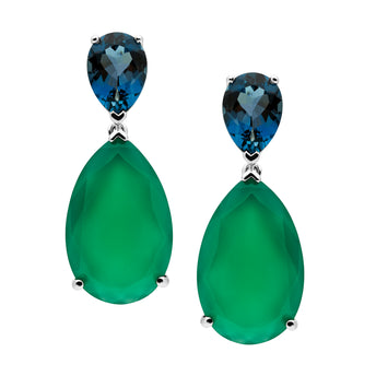 18CT WHITE GOLD LONDON BLUE TOPAZ & GREEN AGATE VIVID EARRINGS