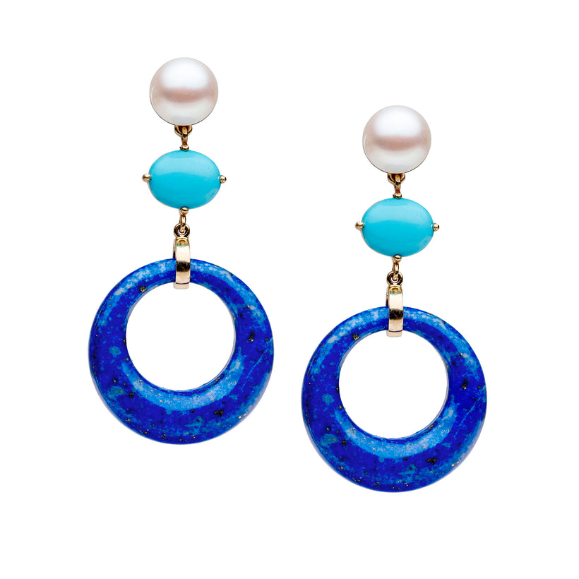9CT LAPIS,TURQUOISE & PEARL WHITSUNDAY EARRINGS