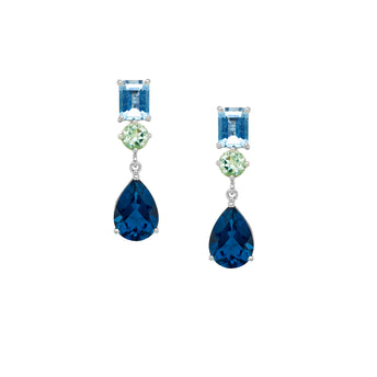 18CT LONDON BLUE TOPAZ, AQUAMARINE & GREEN AMETHYST KAPUTAR EARRINGS