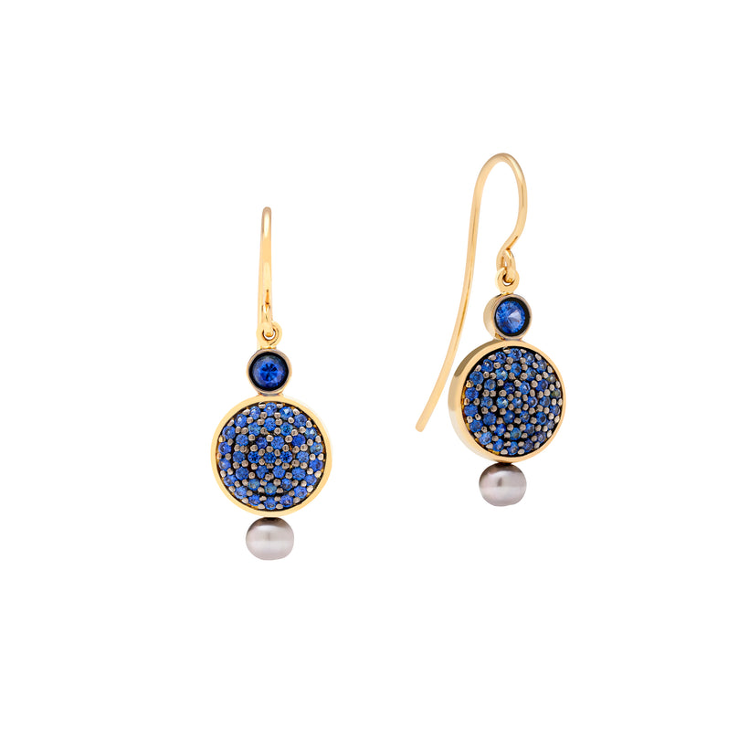 18CT YELLOW GOLD SAPPHIRE & SILVER PEARL COPPOLA EARRINGS
