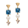 9CT LONDON BLUE TOPAZ, PINK MORGANITE & PEARL DUNAWAY DROP EARRINGS