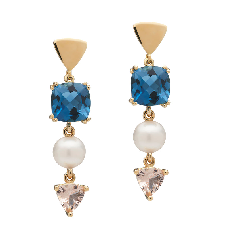 9CT LONDON BLUE TOPAZ, PINK MORGANITE & PEARL DUNAWAY DROP EARRINGS
