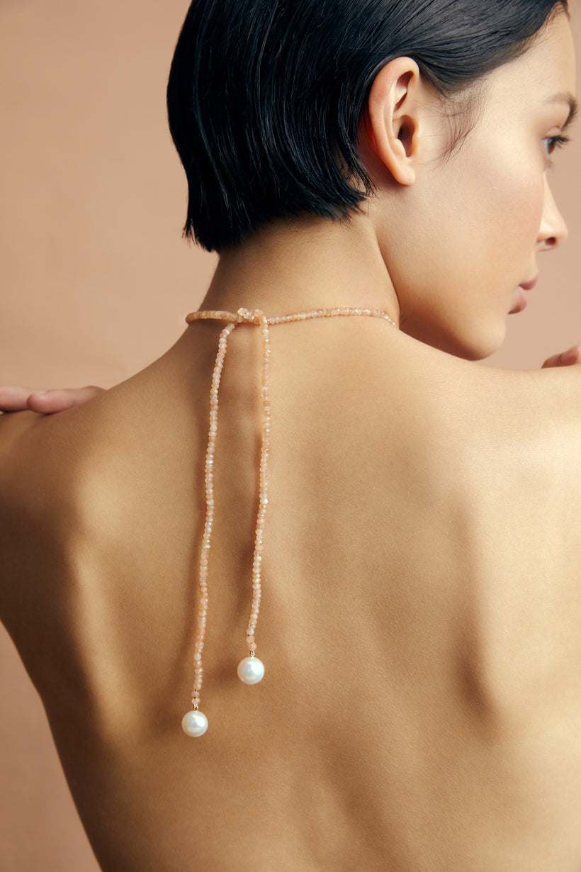 9CT SOUTH SEA PEARL & PEACH MOONSTONE BURSTYN BOLA