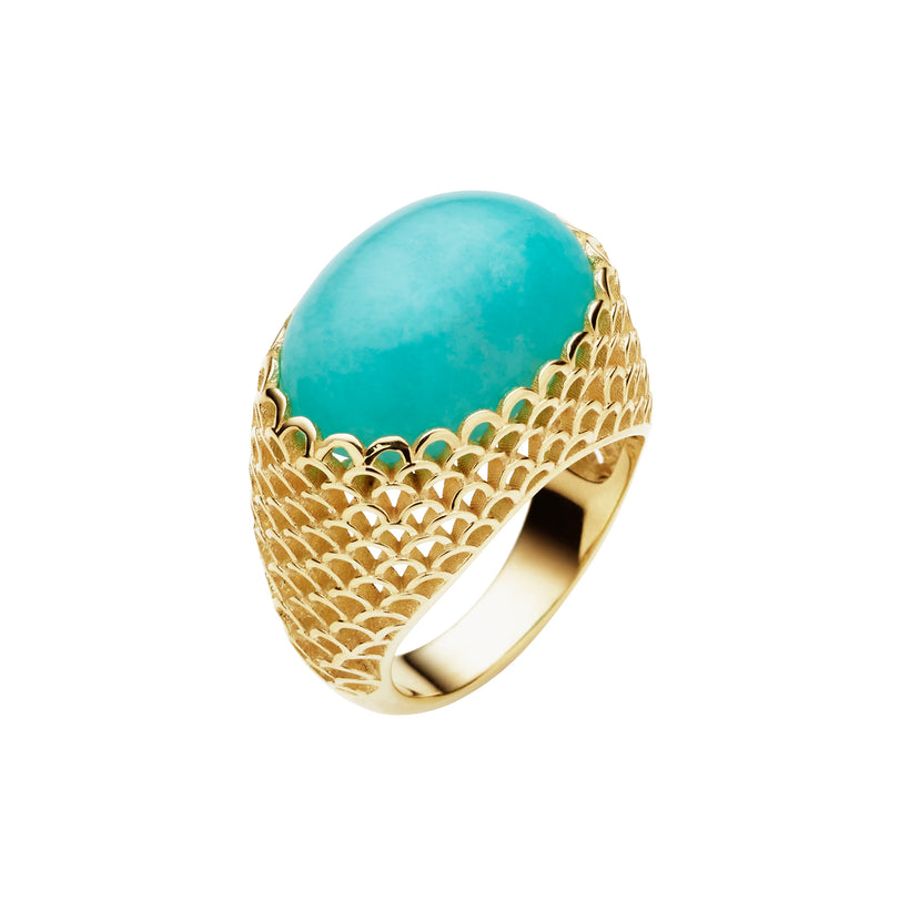 9CT OVAL AMAZONITE GAUDI RING