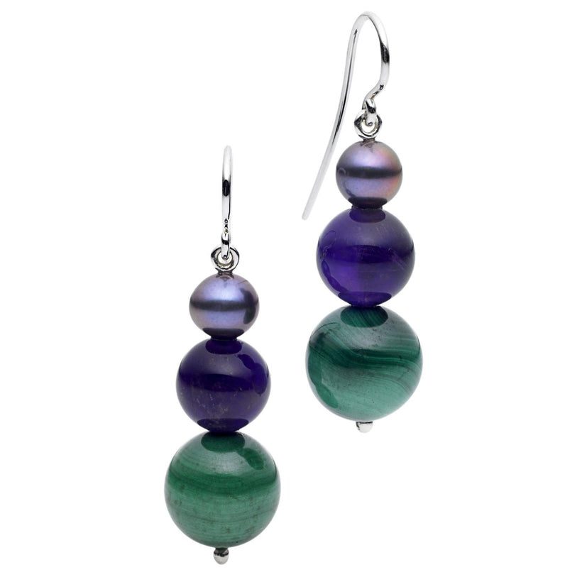 STERLING SILVER MALACHITE, AMETHYST & PEARL EARRINGS
