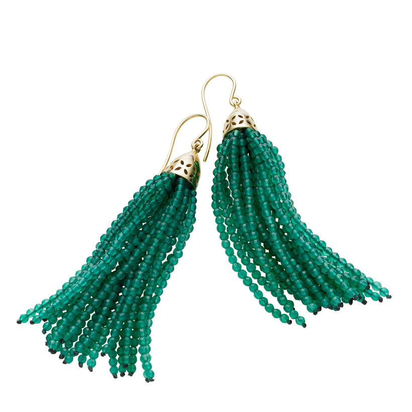 9CT GREEN AGATE GATSBY 5CM TASSEL EARRINGS