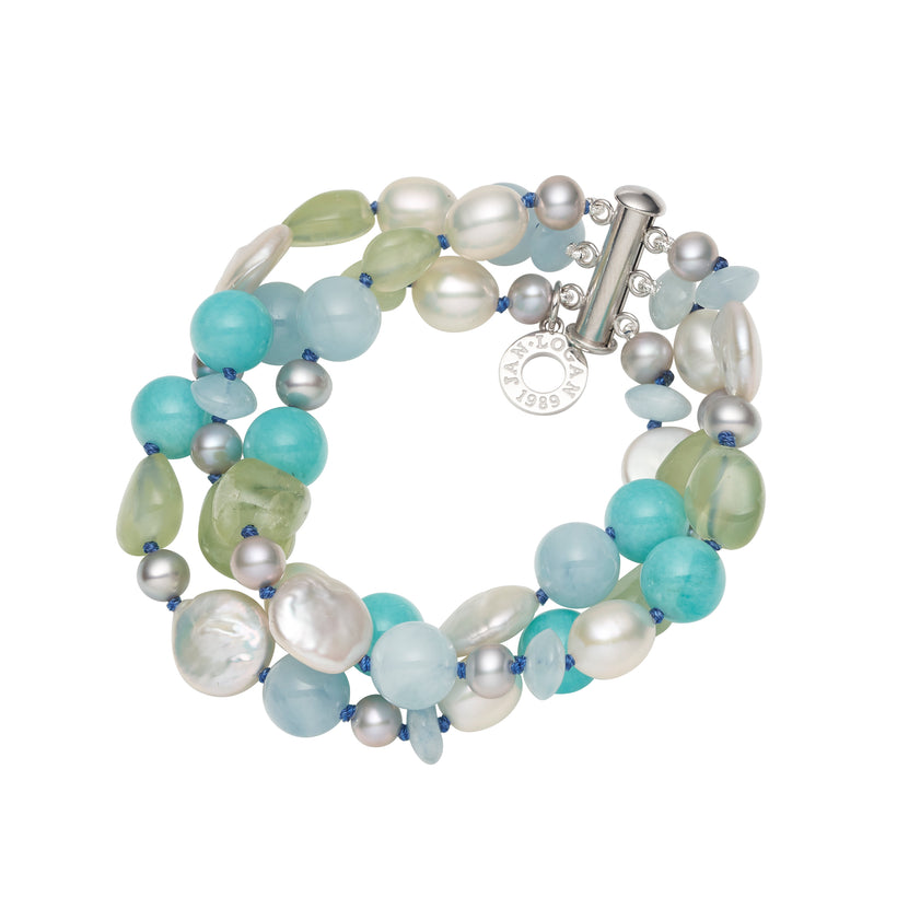 WHITE HAVEN  AQUAMARINE, AMAZONITE, PREHNITE & PEARL 3 ROW BRACELET