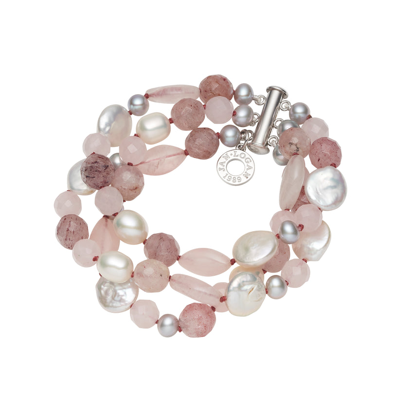 WHITE HAVEN ROSE QUARTZ, STRAWBERRY QUARTZ & PEARL 3 ROW BRACELET