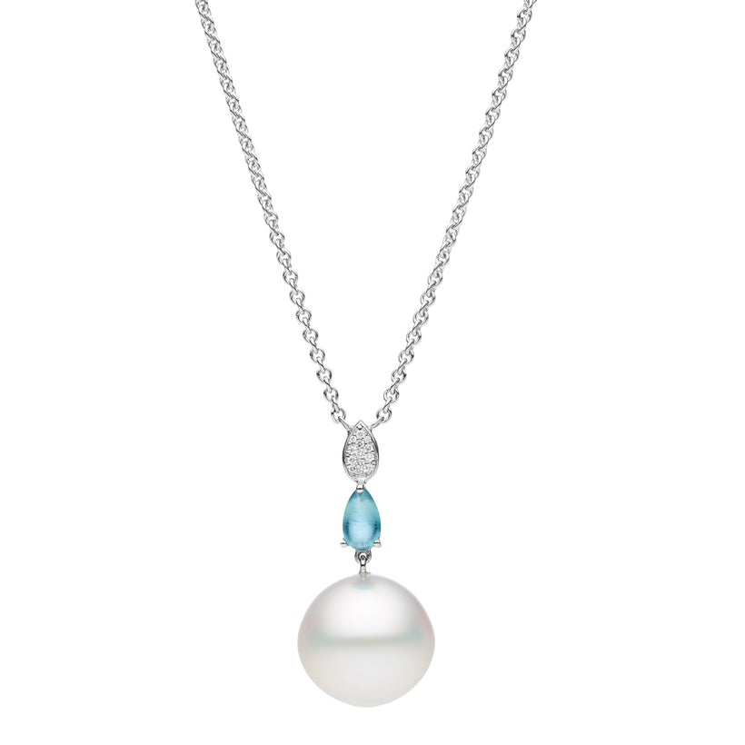 BESPOKE 18CT SOUTH SEA PEARL, AQUAMARINE & DIAMOND PENDANT