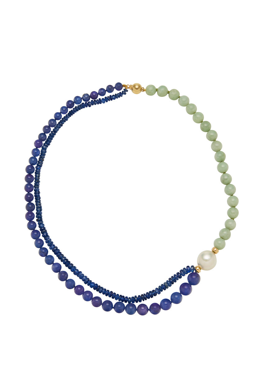 9CT SOUTH SEA PEARL, JADE & TANZANITE ELTON NECKLACE