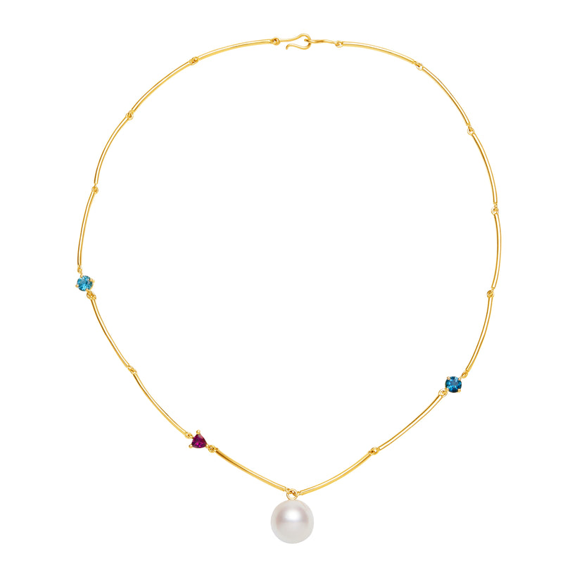 18CT SOUTH SEA PEARL, LONDON BLUE TOPAZ & GARNET MARVIN NECKLACE
