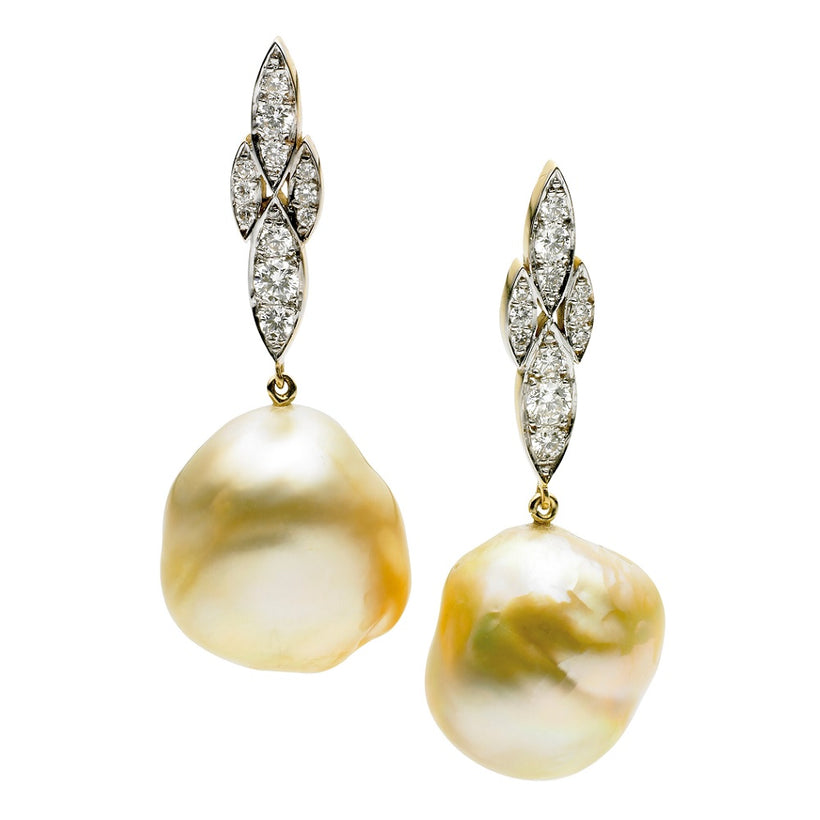 BESPOKE 18CT CIENEGA GOLD SOUTH SEA PEARL & DIAMOND EARRINGS