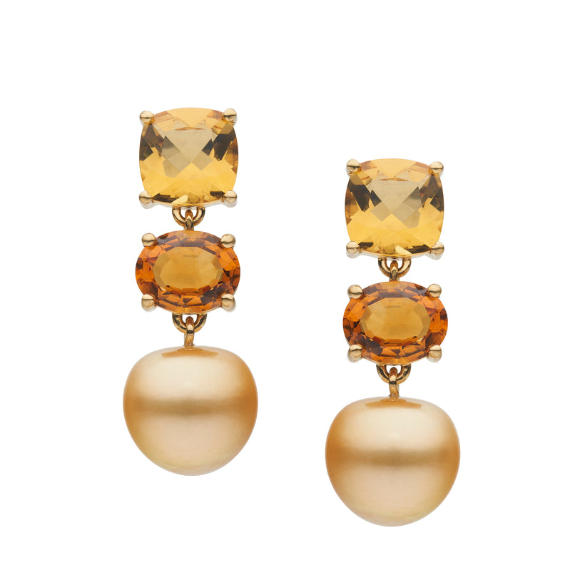 18CT HONEY QUARTZ, CITRINE & GOLD SOUTH SEA PEARL EARRINGS