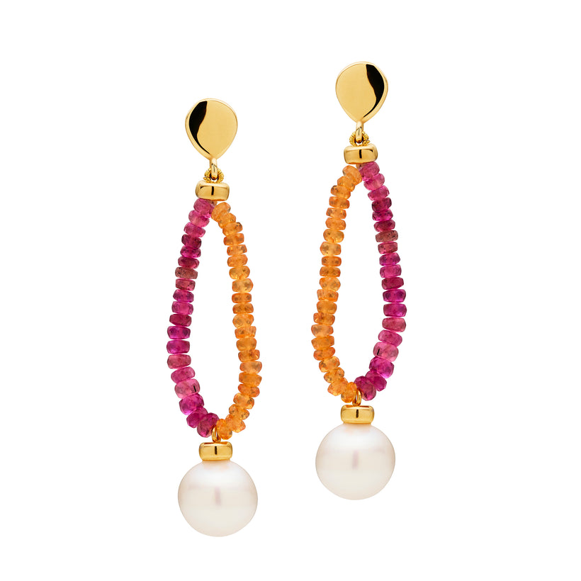 9CT SOUTH SEA PEARL, RUBELLITE & MANDARIN GARNET STEVIE EARRINGS