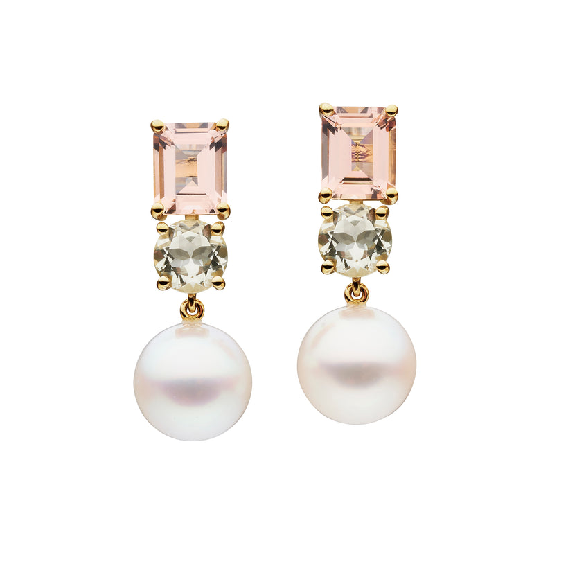 18CT SOUTH SEA PEARL, PINK MORGANITE & GREEN AMETHYST RONSTADT EARRINGS