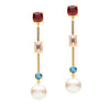 18CT SOUTH SEA PEARL, GARNET, PINK MORGANITE & LONDON BLUE TOPAZ MARVIN EARRINGS