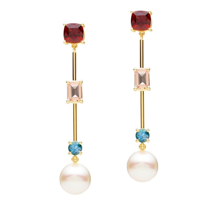 18CT SOUTH SEA PEARL, GARNET, PINK MORGANITE & LONDON BLUE TOPAZ MARVIN EARRINGS