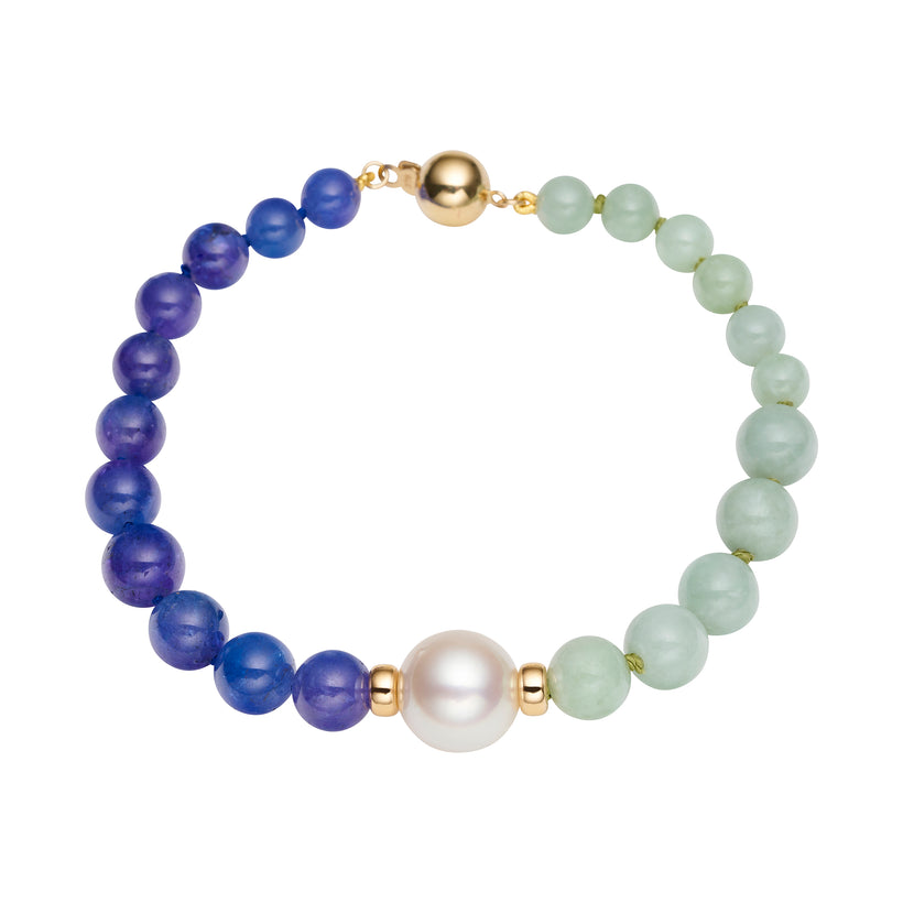 9CT SOUTH SEA PEARL, JADE & TANZANITE ELTON BRACELET